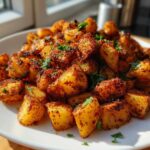 A close-up of perfectly crispy, golden-brown breakfast potatoes seasoned with spices and garnished with parsley.
