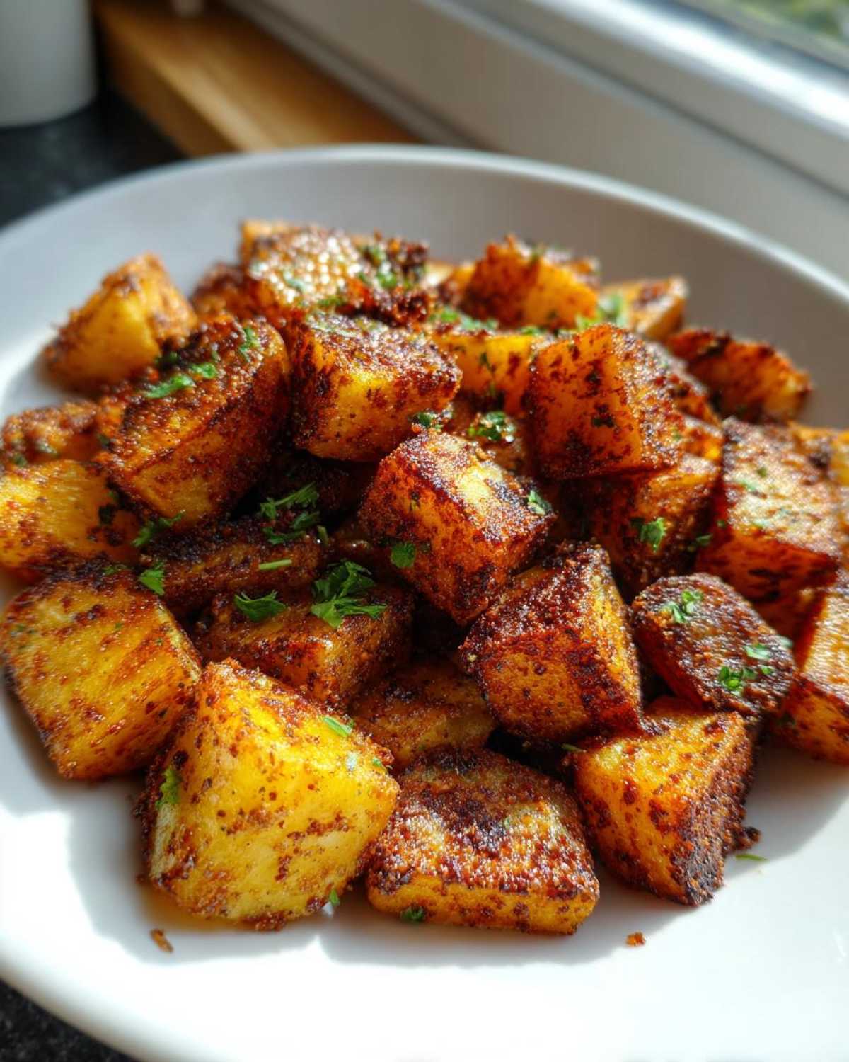 Close-up of perfectly crispy, golden-brown seasoned breakfast potatoes garnished with fresh parsley.