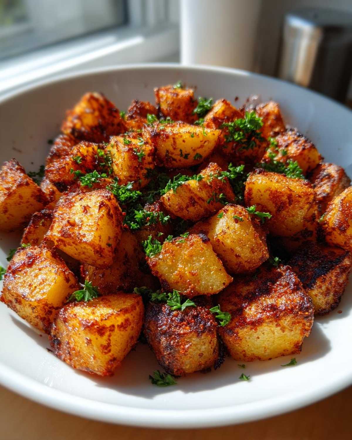 Close-up of perfectly crispy, golden-brown breakfast potatoes seasoned with spices and topped with fresh parsley.