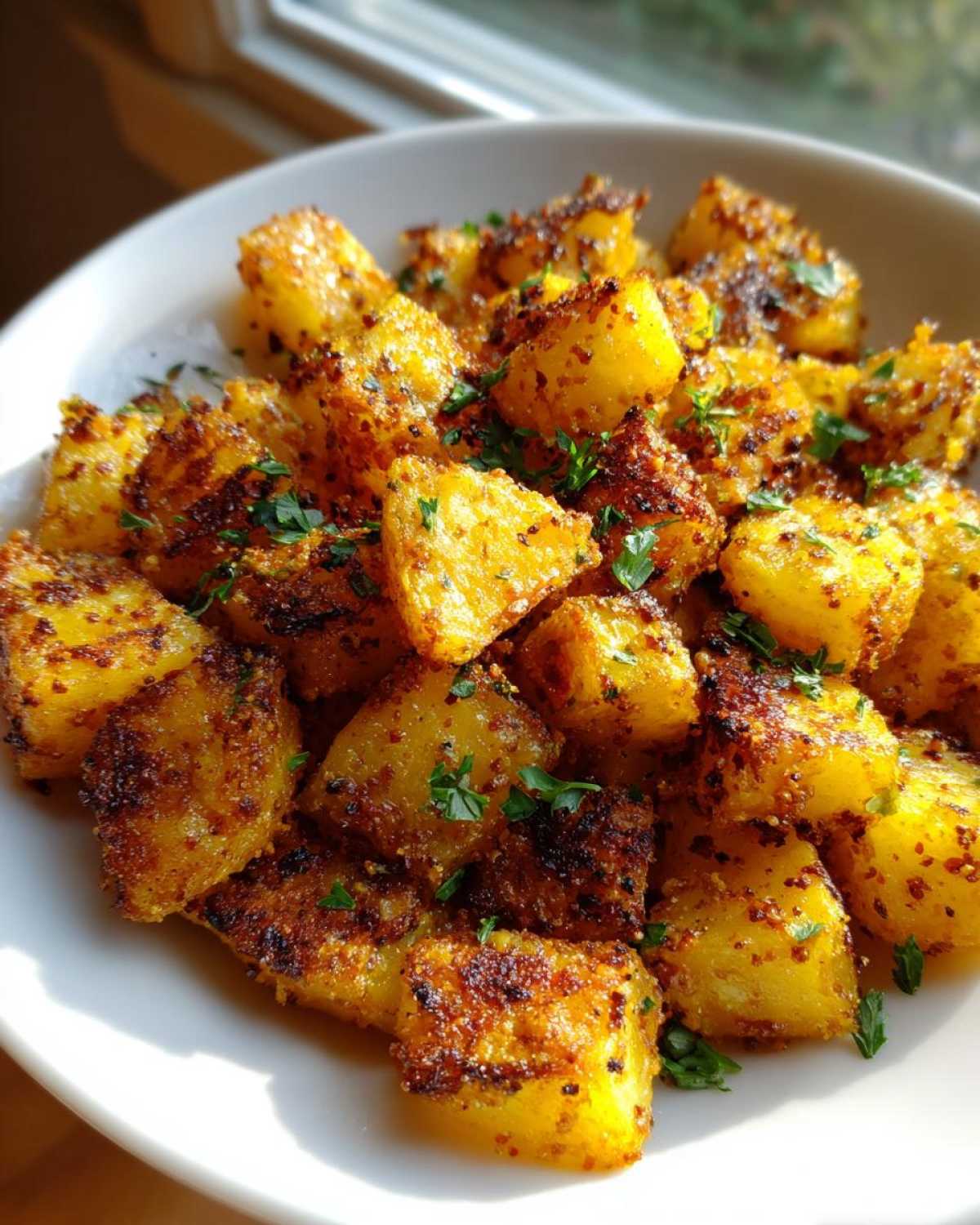 Close-up of crispy, golden-brown seasoned breakfast potatoes garnished with fresh parsley in a white bowl.