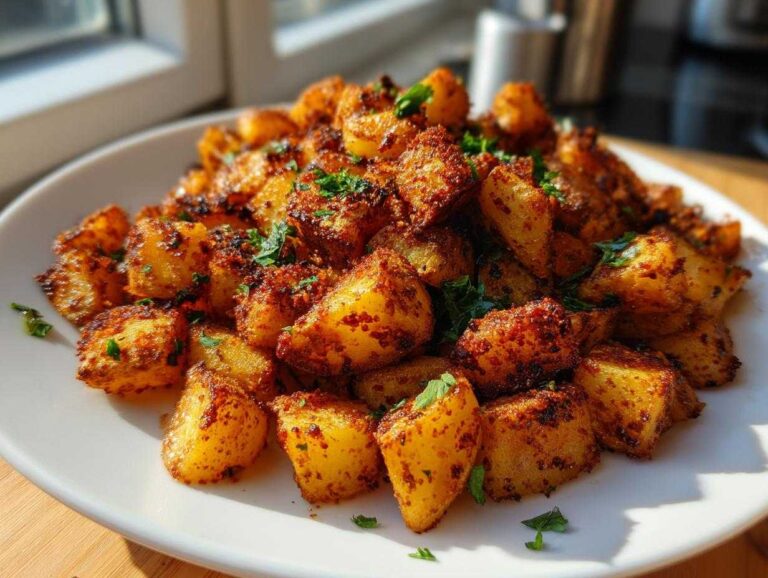 A close-up of perfectly crispy, golden-brown breakfast potatoes seasoned with spices and garnished with parsley.