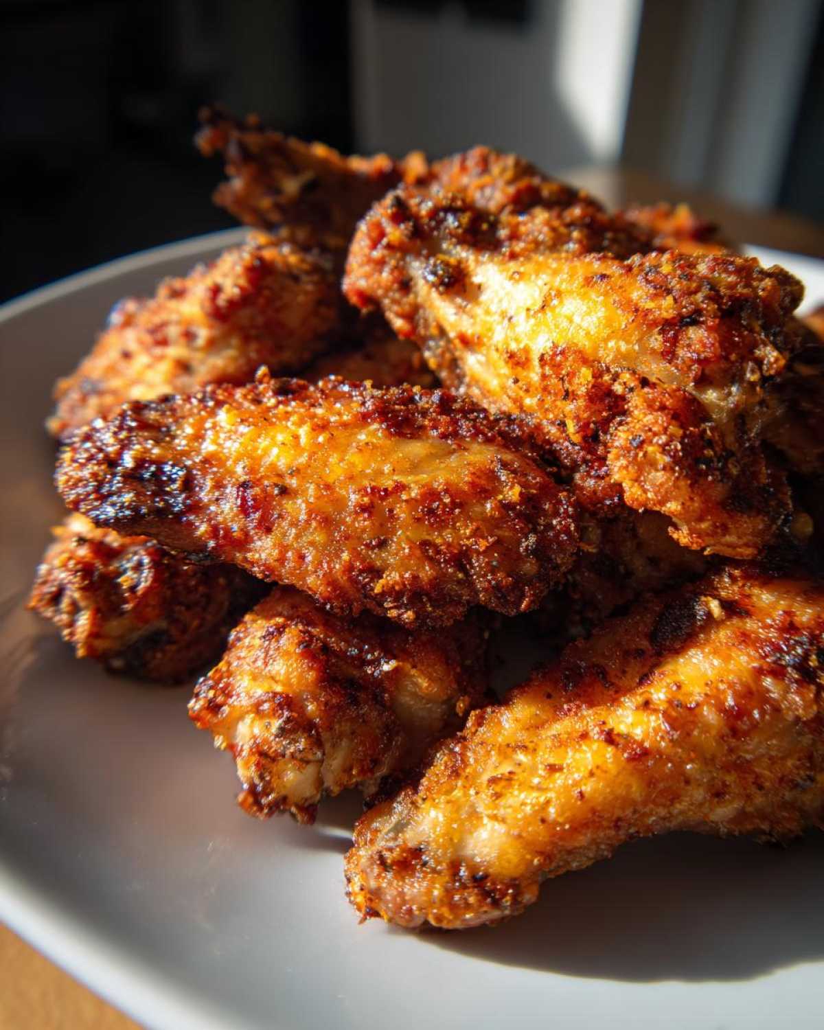 A close-up of several perfectly crispy, golden-brown seasoned chicken wing pieces piled on a white plate.