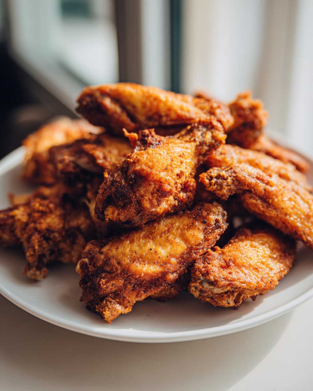 Close-up of a white plate piled high with golden-brown, crispy seasoned chicken wing pieces.