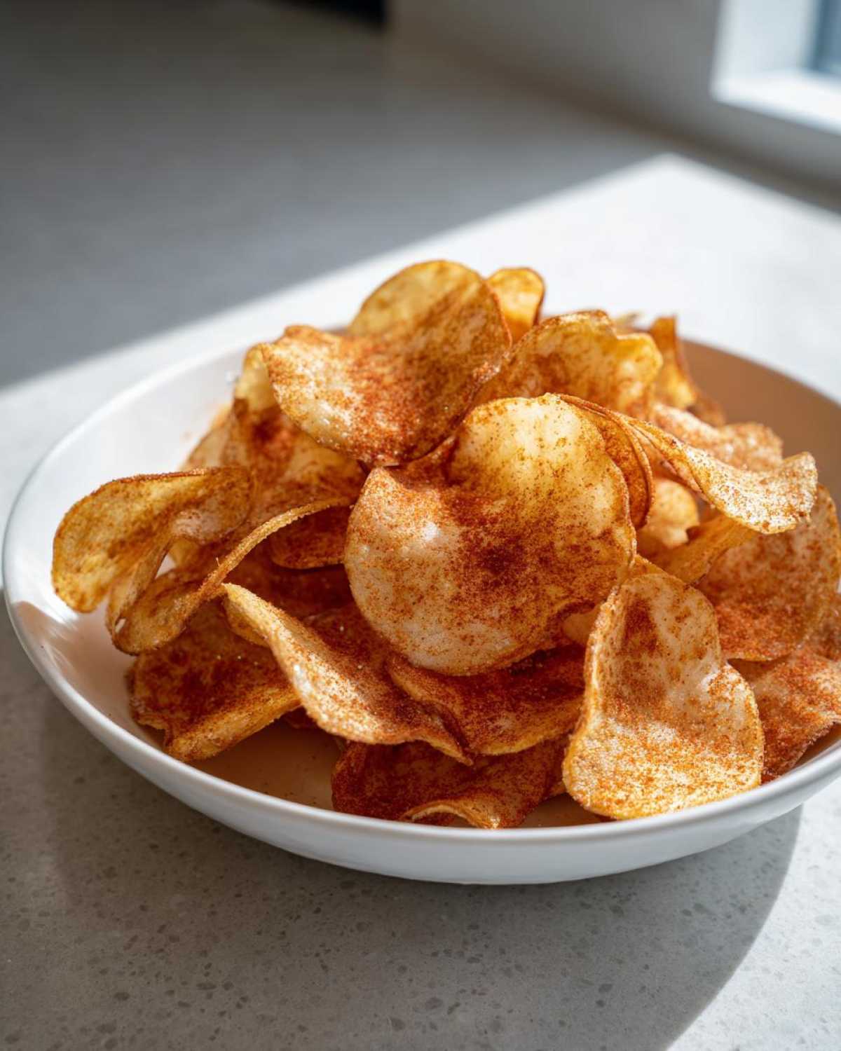 A white bowl filled with homemade, crispy potato chips dusted heavily with paprika seasoning.