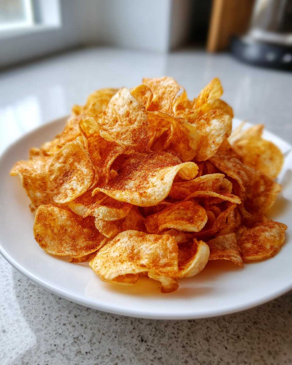 A close-up of a white plate piled high with golden, crispy, seasoned homemade potato chips.