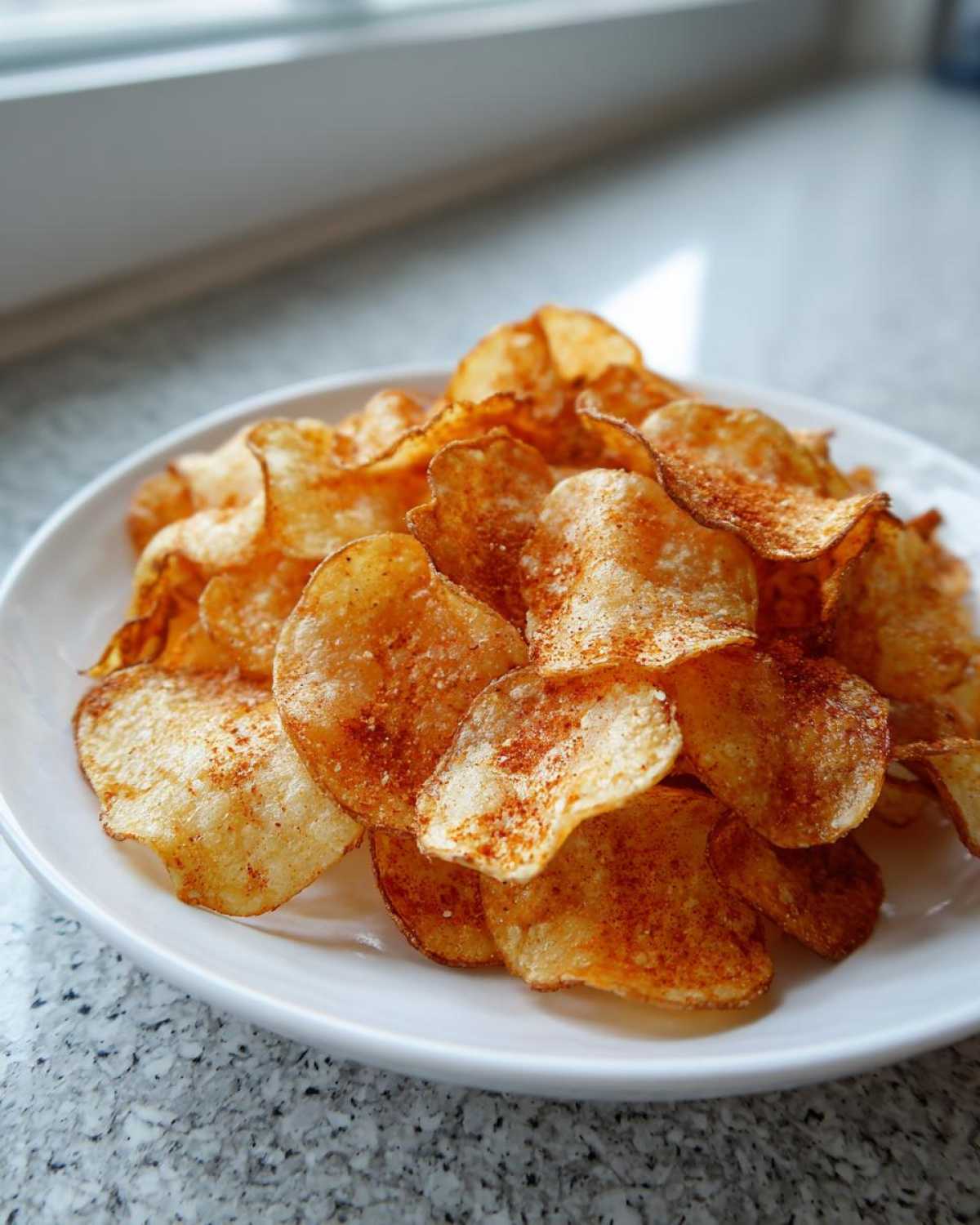 A close-up of crispy, seasoned homemade potato chips piled high on a white plate.