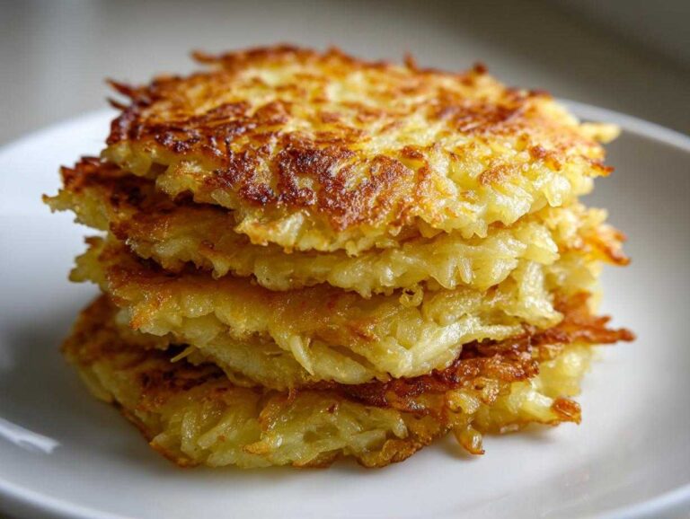A close-up stack of four golden-brown, crispy potato pancakes on a white plate.