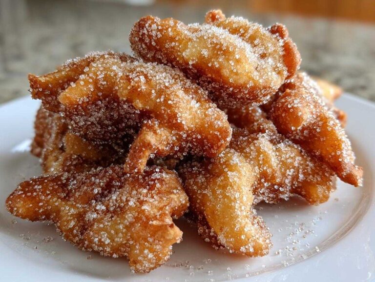 A close-up of a pile of golden brown, crispy buñuelos heavily coated in granulated sugar.