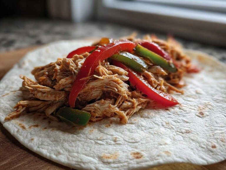 Shredded chicken filling with red and green peppers ready for crockpot chicken fajitas on a flour tortilla.