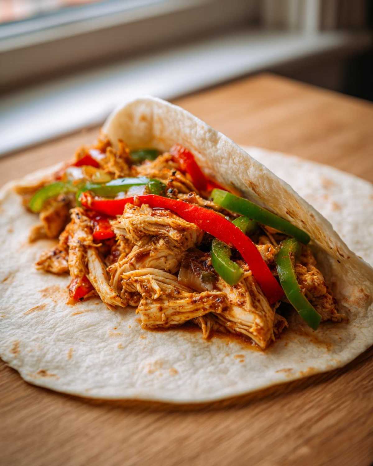 Close-up of shredded seasoned chicken and colorful bell peppers ready to be folded into a tortilla for crockpot chicken fajitas.