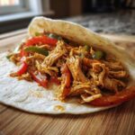 Close-up of a soft tortilla filled with shredded seasoned chicken and colorful strips of red and green peppers, ready for crockpot chicken fajitas.