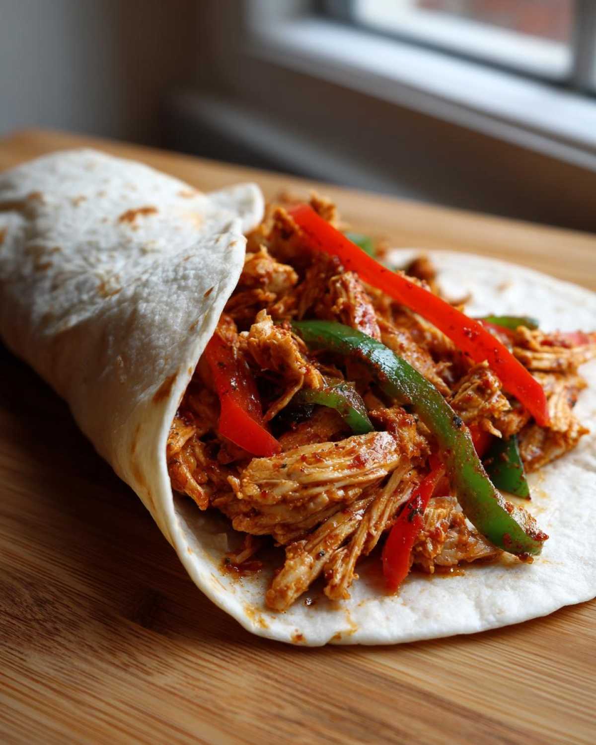 Close-up of a soft tortilla filled with shredded crockpot chicken fajitas and strips of red and green bell peppers.