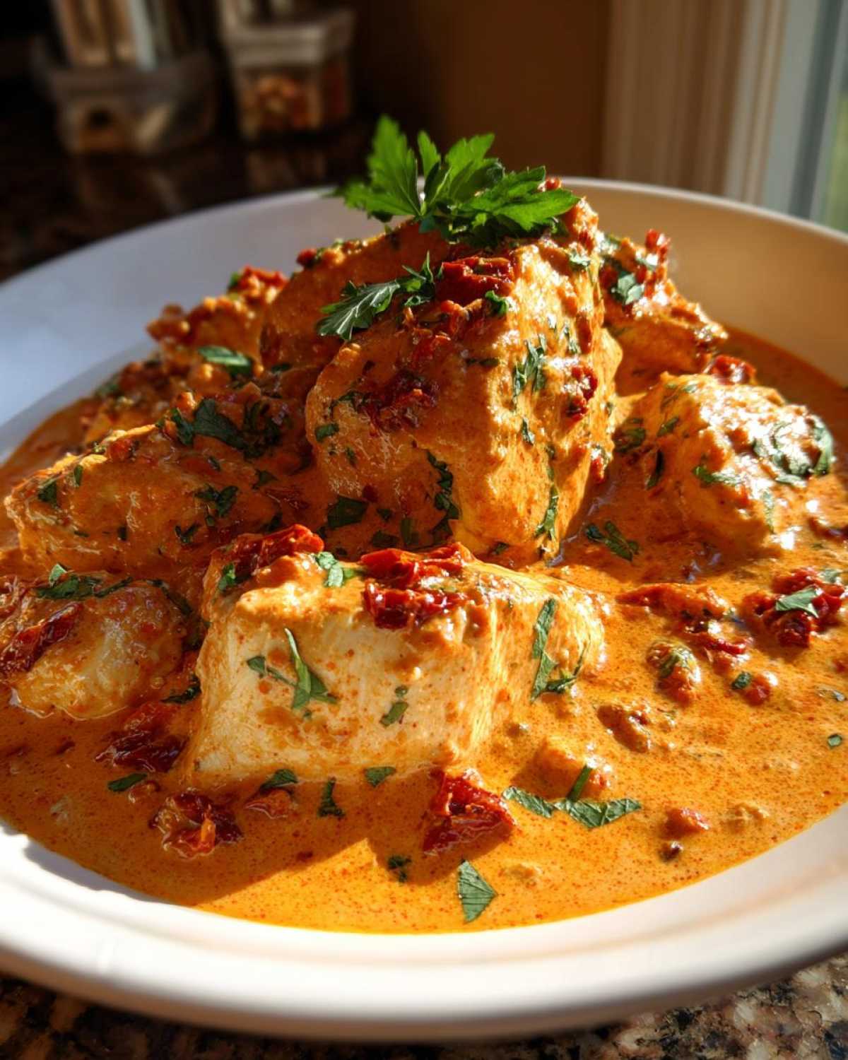 Close-up of tender chicken breasts covered in a creamy, orange-hued sauce with sun-dried tomatoes, part of the crockpot marry me chicken recipe.