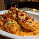 Close-up of tender chicken pieces smothered in a rich, creamy sauce with sun-dried tomatoes and fresh herbs, featuring crockpot marry me chicken.