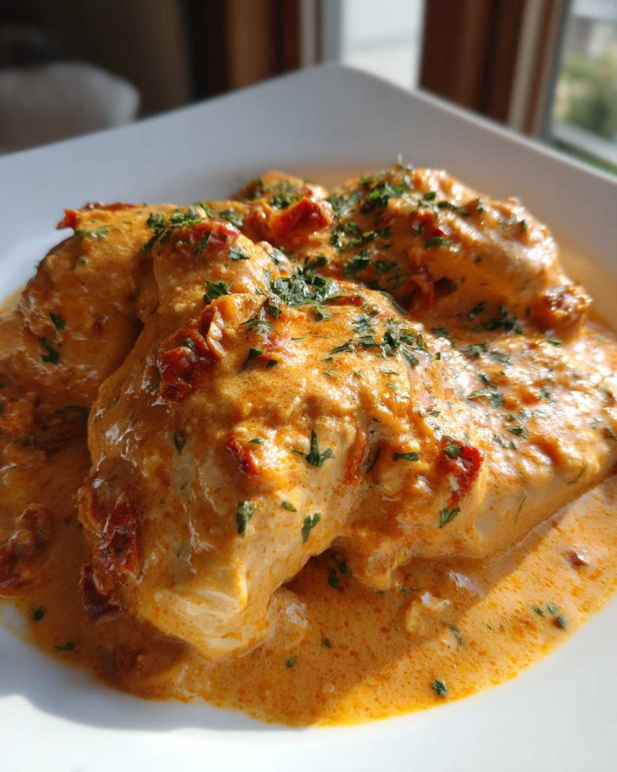Close-up of three chicken breasts covered in a rich, creamy, orange-hued sauce with sun-dried tomatoes, garnished with parsley, ready to eat crockpot marry me chicken.
