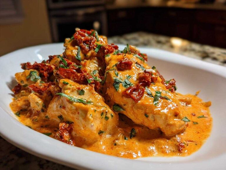 Close-up of tender chicken pieces smothered in a rich, creamy sauce with sun-dried tomatoes and fresh herbs, featuring crockpot marry me chicken.