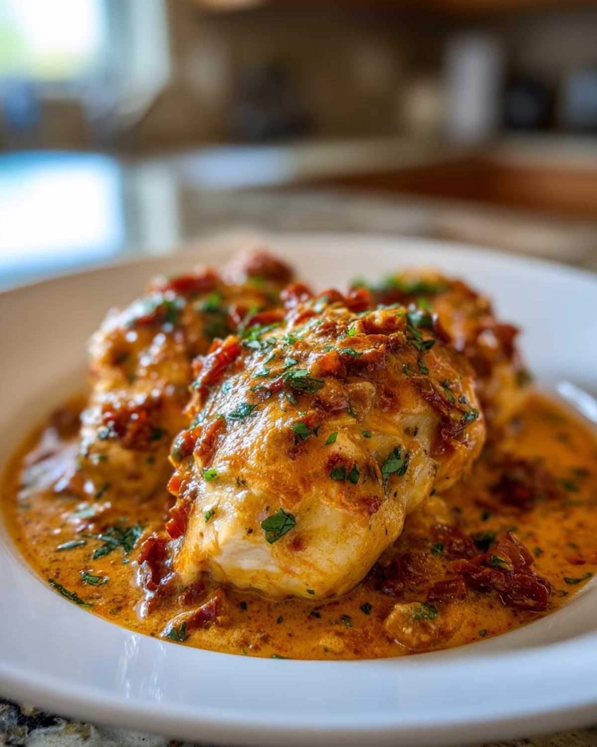 Close-up of tender chicken breasts smothered in a creamy, sun-dried tomato sauce, ready to eat from the crockpot marry me chicken recipe.