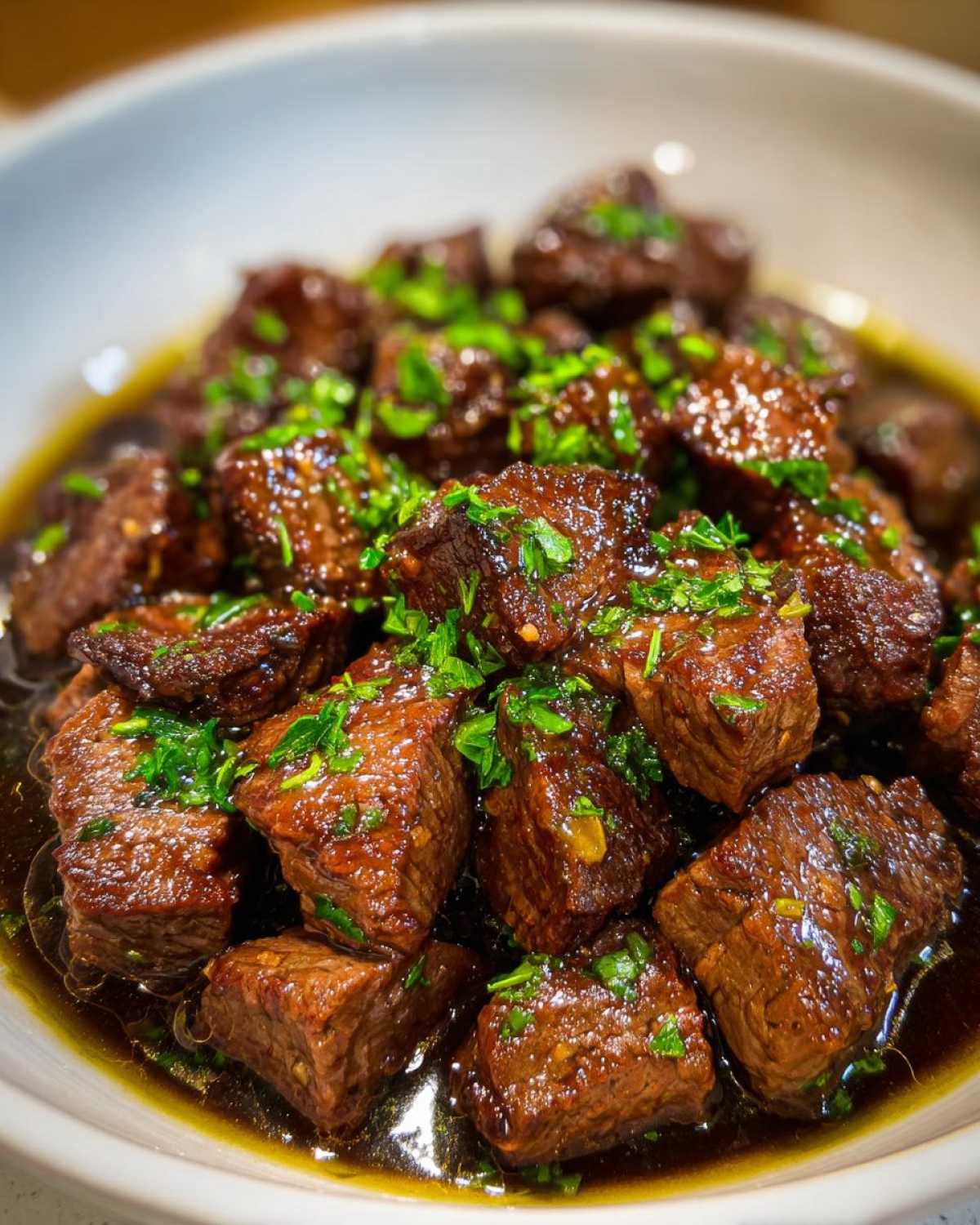 Close-up of tender, saucy crockpot steak bites garnished generously with fresh chopped parsley.