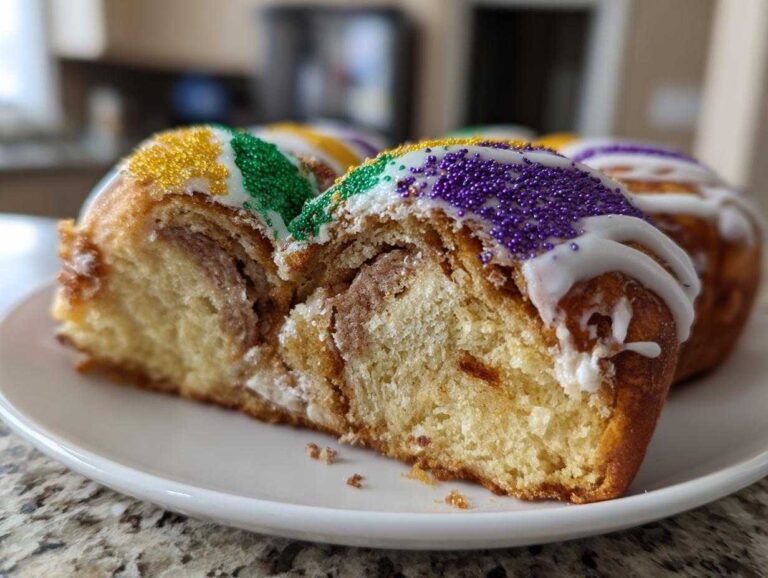 Close-up of a sliced king cake showing the cinnamon swirl interior and purple, green, and gold Mardi Gras sprinkles.