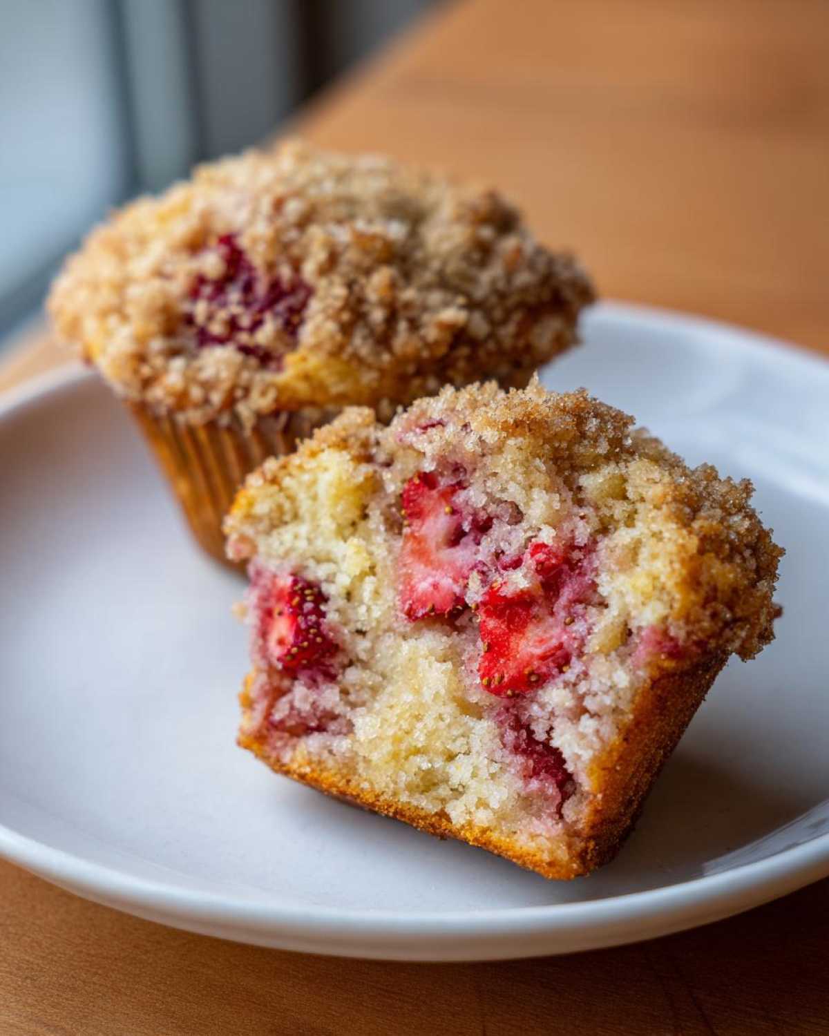 A close-up of a crumb-topped strawberry muffin cut in half, showing fresh strawberries inside the moist cake.