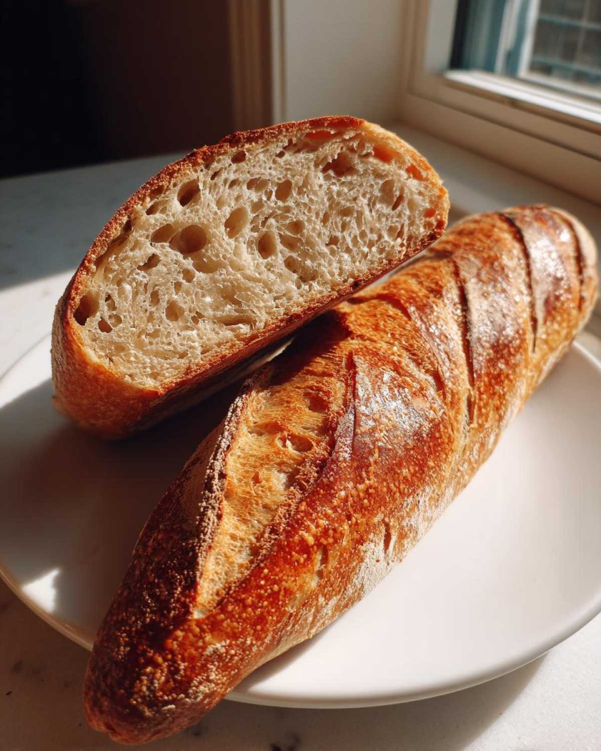 A golden-crusted french bread loaf, cut in half to show the airy, open crumb structure inside.