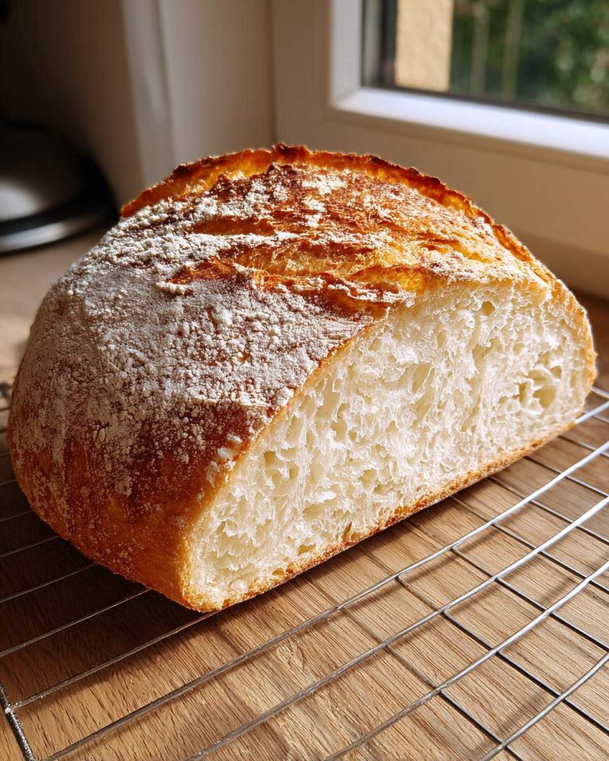 A freshly baked italian bread loaf, cut in half to show the airy crumb and crispy, flour-dusted crust, cooling on a wire rack.