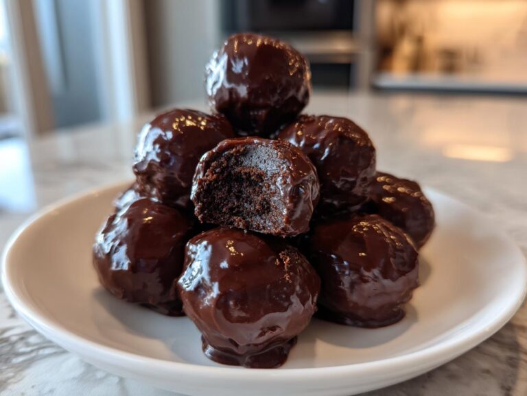 A stack of rich, dark chocolate coated Oreo balls, one with a bite taken out showing the dark center.