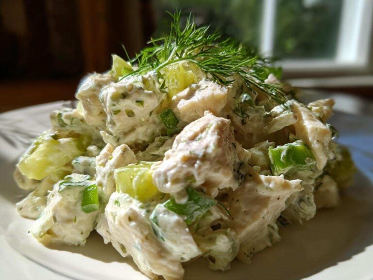 A close-up of a mound of creamy dill pickle chicken salad garnished with fresh dill.