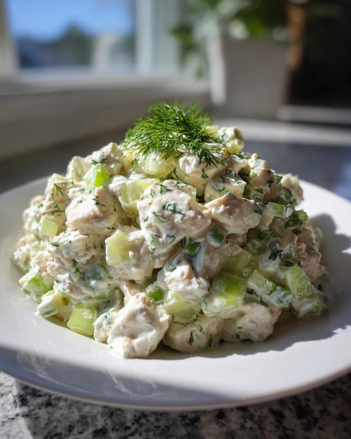 A close-up of a generous serving of creamy dill pickle chicken salad, topped with fresh dill, on a white plate.