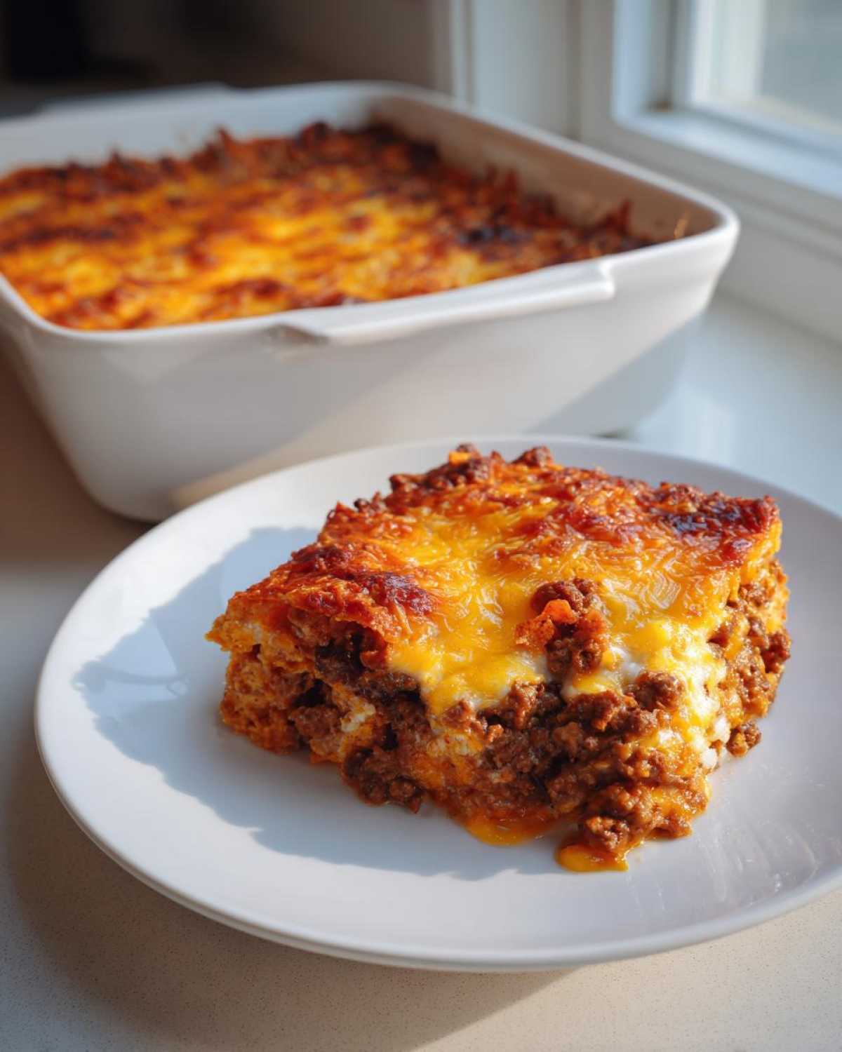 A square serving of Dorito Casserole with browned cheese topping on a white plate, with the main dish in the background.
