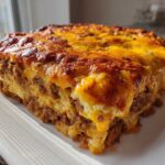A thick, square slice of Dorito Casserole featuring layers of ground meat and a golden, bubbly melted cheese topping.