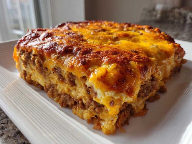 A thick, square slice of Dorito Casserole featuring layers of ground meat and a golden, bubbly melted cheese topping.