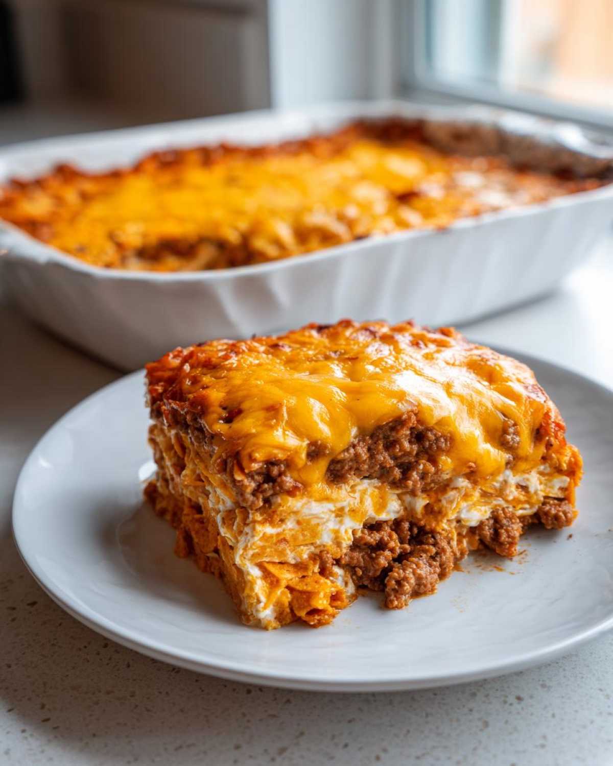 A generous slice of Dorito Casserole layered with meat and creamy sauce, topped with melted cheddar cheese.