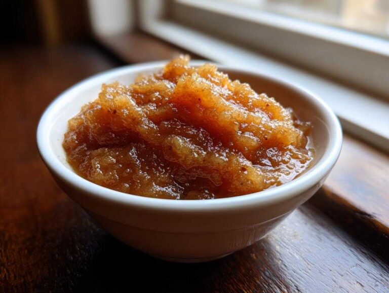 Close-up of chunky, spiced homemade applesauce served in a small white bowl near a window.