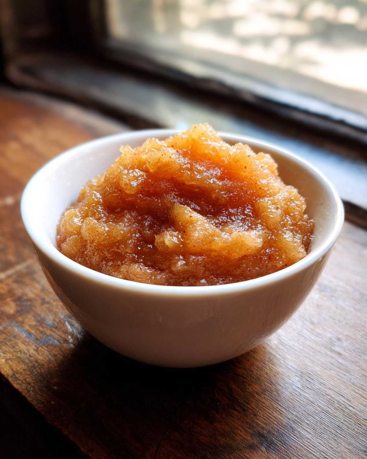 Close-up of chunky, homemade applesauce seasoned with cinnamon served in a small white bowl.