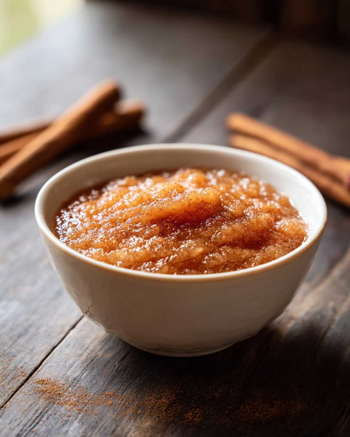 Close-up of a creamy bowl of homemade applesauce, spiced with cinnamon, resting on dark wood.