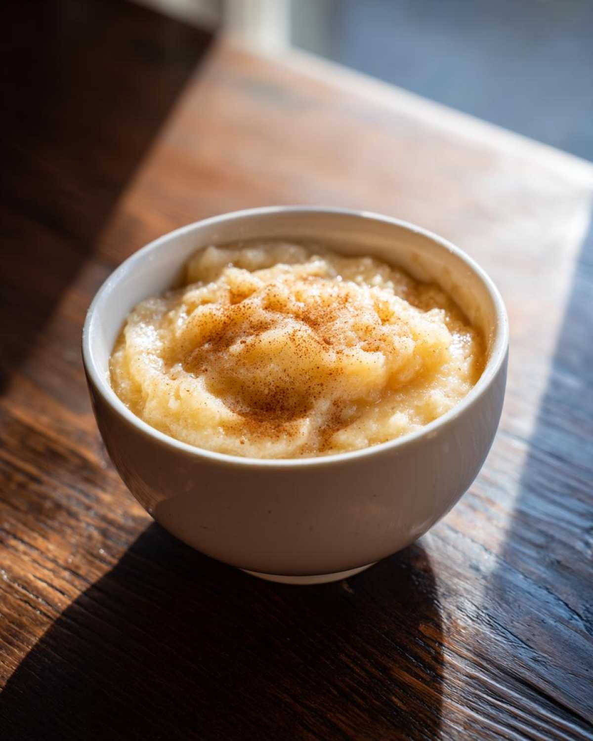 A white bowl filled with chunky, homemade applesauce, topped with a sprinkle of cinnamon, sitting on a dark wooden table.