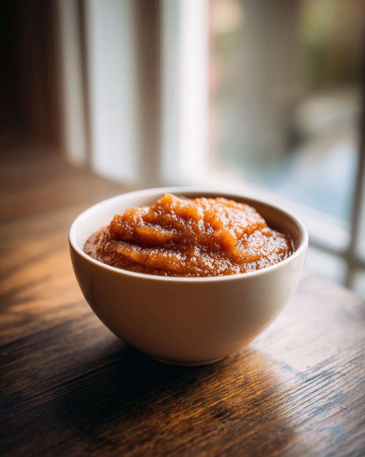 Close-up of a white bowl filled with rich, brown homemade applesauce sitting on a dark wooden surface.
