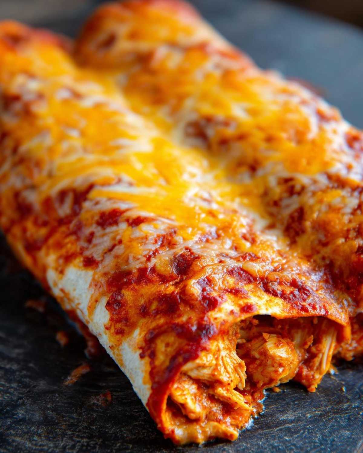 Close-up of two rolled easy chicken enchiladas smothered in red sauce and melted cheddar cheese.