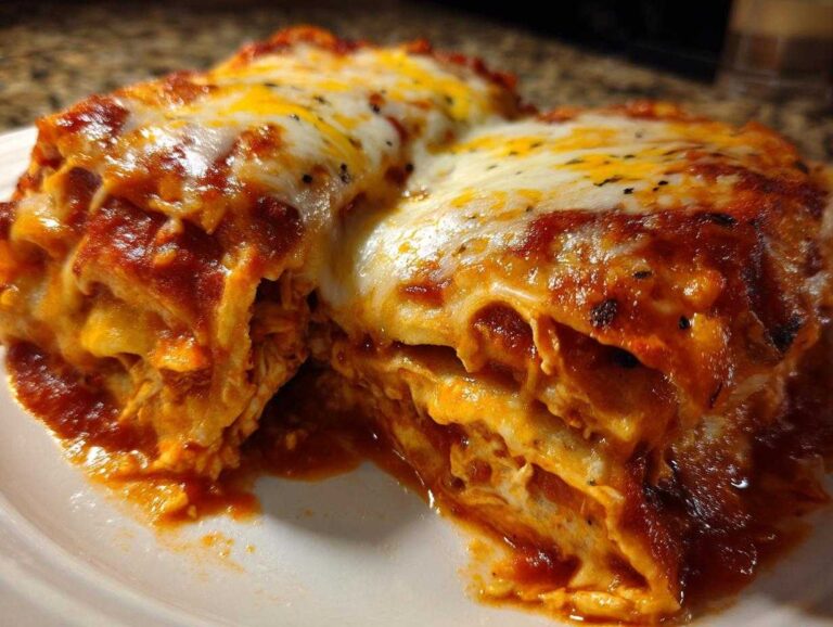 Close-up of a serving of easy chicken enchiladas smothered in red sauce and melted cheese.