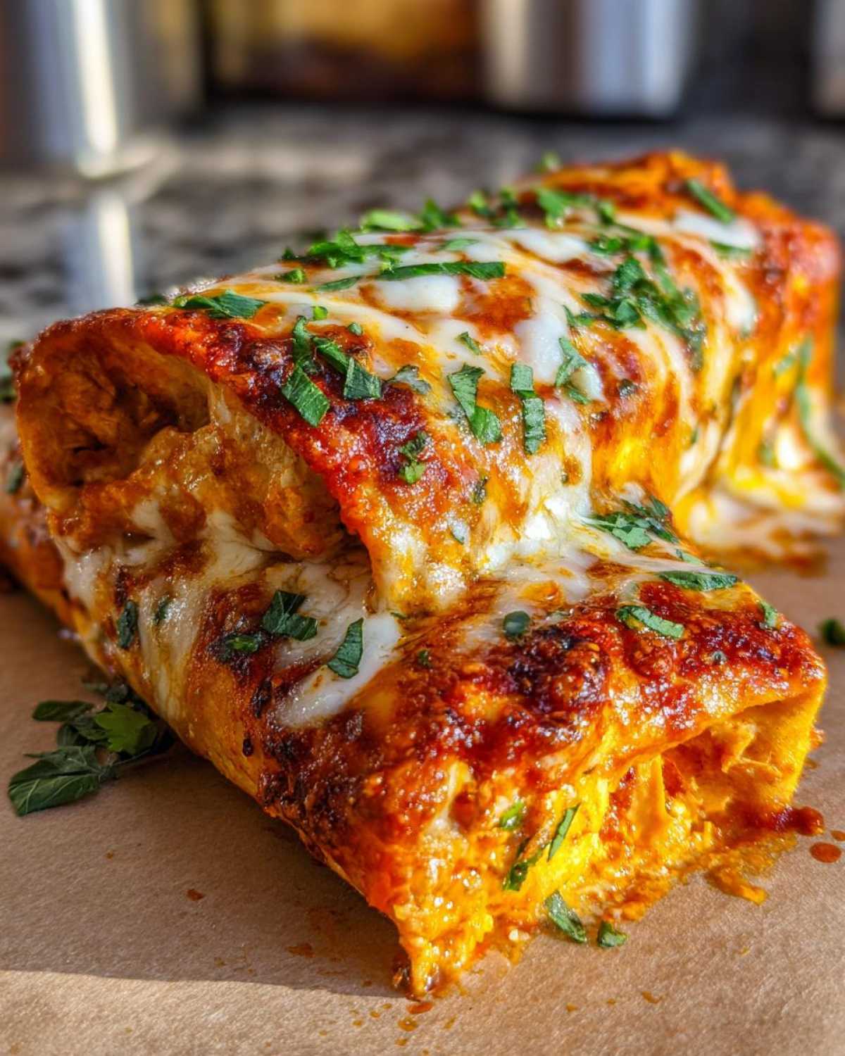 Close-up of two baked easy chicken enchiladas smothered in red sauce and melted white cheese, topped with fresh cilantro.
