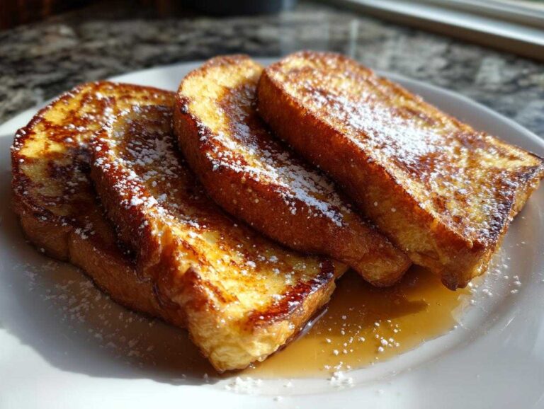 Awesome easy french toast in 15 minutes Three golden slices of easy french toast dusted with powdered sugar and drizzled with syrup on a white plate.