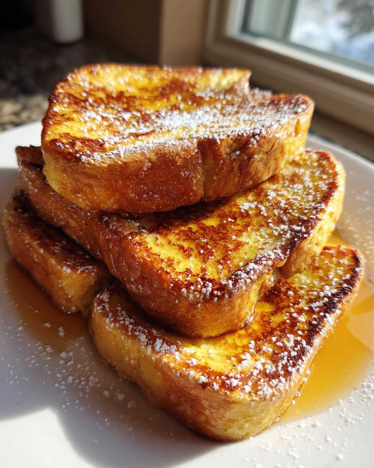 A stack of four slices of golden brown easy french toast dusted with powdered sugar and drizzled with syrup.