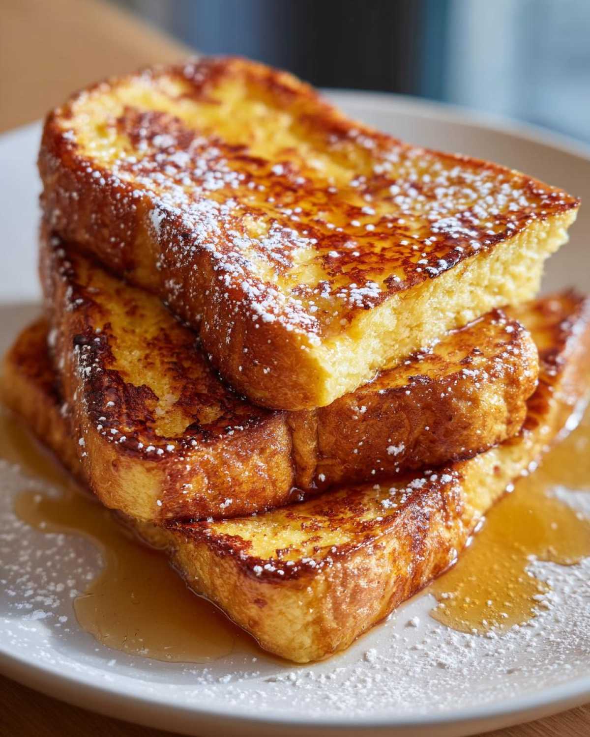 A tall stack of golden brown easy french toast topped with maple syrup and powdered sugar.