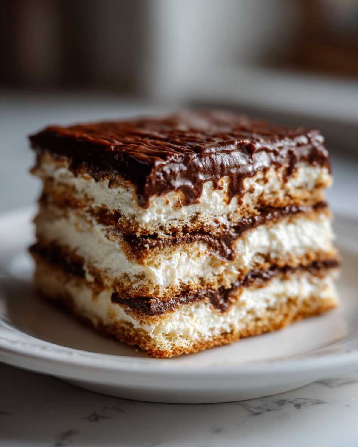 Close-up of a layered slice of eclair cake with graham crackers, vanilla cream, and chocolate frosting.