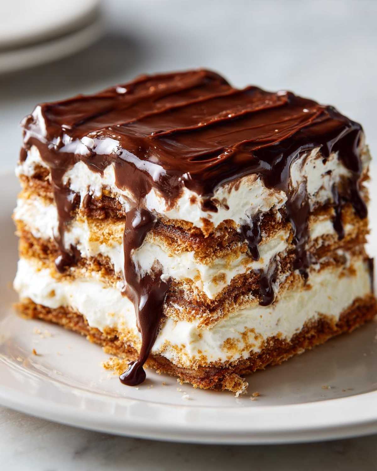A square slice of layered eclair cake featuring graham crackers, cream filling, and rich chocolate glaze dripping down the sides.