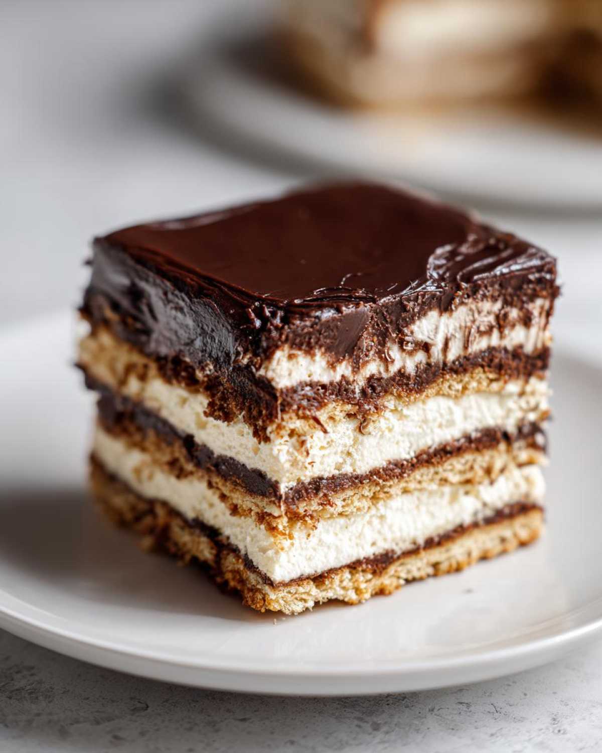 Close-up of a layered slice of eclair cake with graham crackers, cream filling, and chocolate glaze.