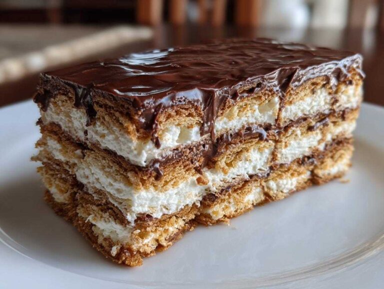 A thick slice of layered eclair cake featuring graham crackers, creamy filling, and rich chocolate ganache topping.