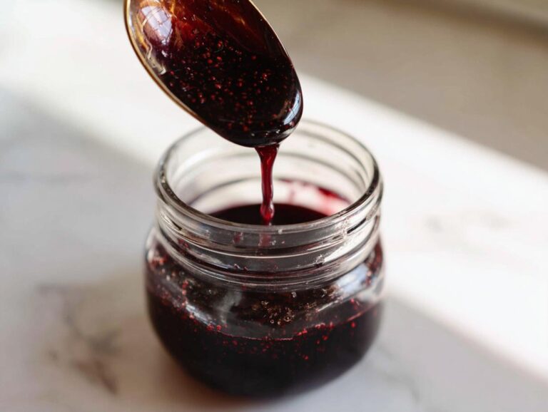 A spoonful of thick, dark elderberry syrup is dripping into a small glass jar, illustrating the elderberry syrup recipe.