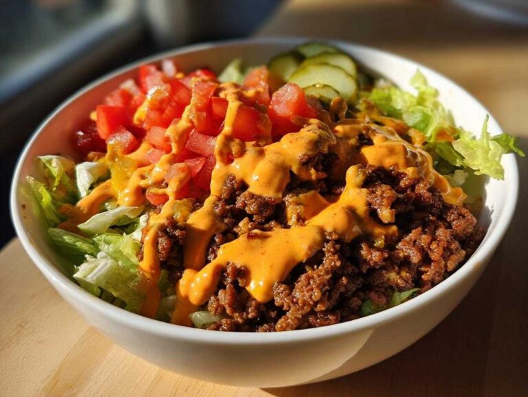 A close-up of a vibrant cheeseburger bowl featuring seasoned ground beef, lettuce, diced tomatoes, pickles, and a generous drizzle of orange sauce.
